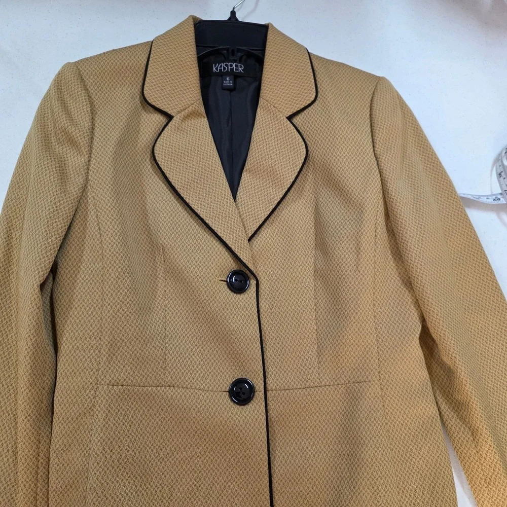 Kasper Womens Mustard Yellow Textured Blazer Black Piping Size 6 Professional
